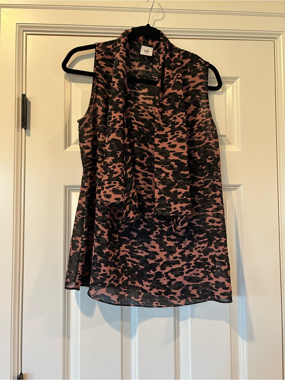 CAbi Tan and Black Abstract Sleeveless Scarf-Neck Blouse